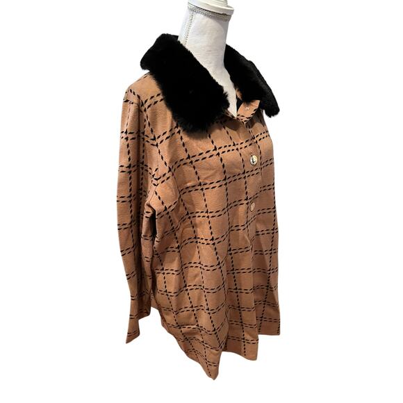 Ann Klein Knit Sweater Coat Faux Fur Collar Tan Window pane Check Print - Picture 3 of 7
